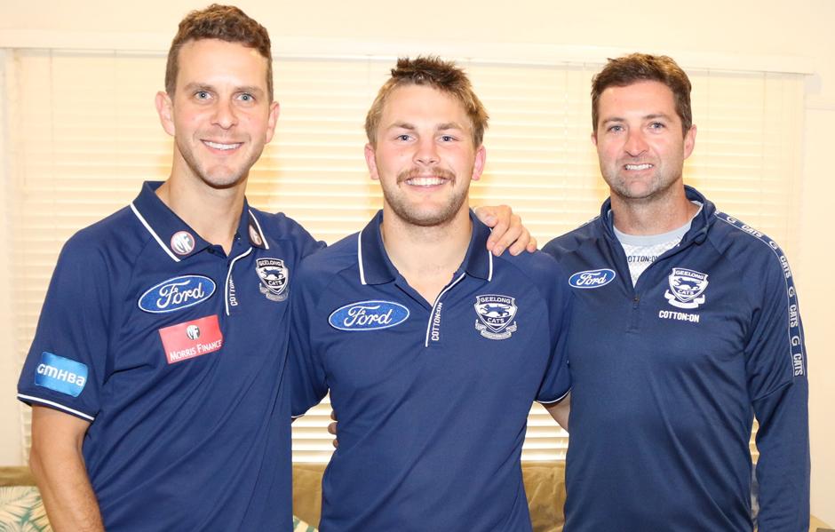 AtkinsDraftFeature.jpg VFL team co-ordinator Nathan Tweddle, Tom Atkins and VFL coach Shane O'Bree. - Geelong Cats